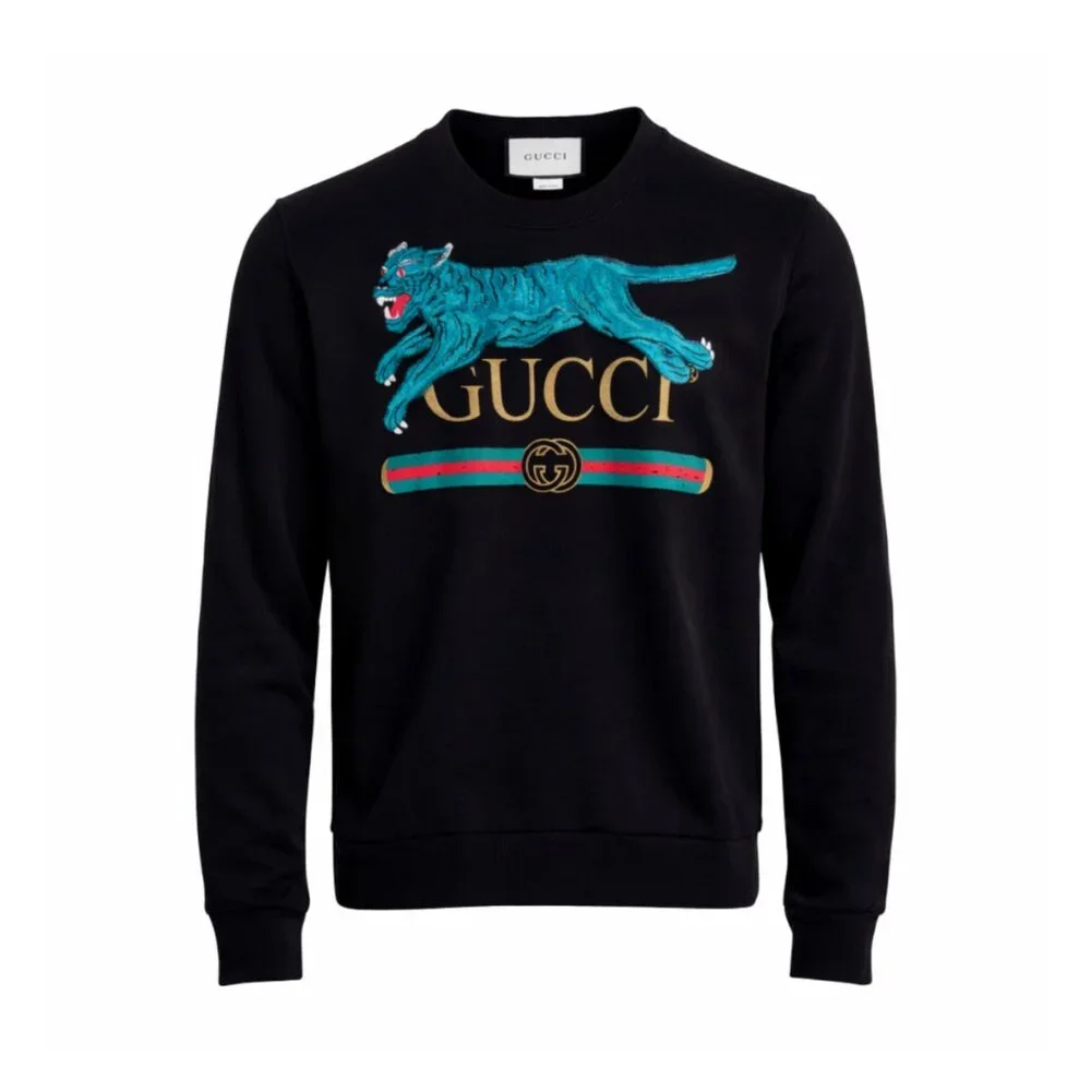 GUCCI Men's Black Leopard Appliqué Logo Print Crewneck Sweatshirt - Picture 1 of 7